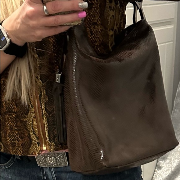 JPK Paris Brown iridescent faux reptile hobo bag with gunmetal hardware. NWOT - Picture 3 of 13
